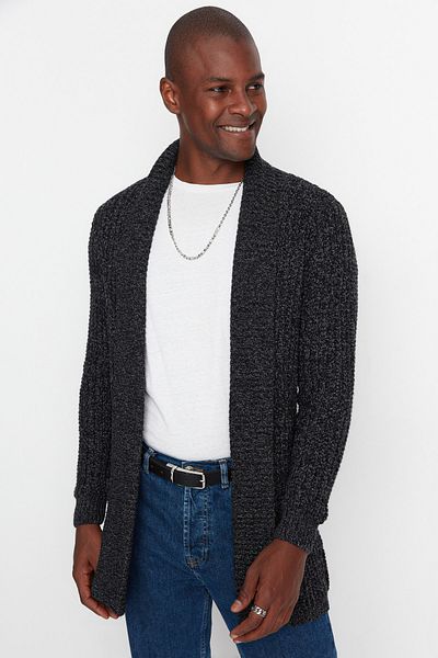 Trendyol Collection Schwarzer langer Strick-Cardigan aus Wolle mit normaler Passform und Schalkragen TMNAW22HI0142