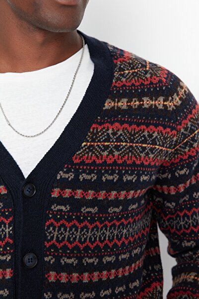 Trendyol Collection Navy Blue V-Neck Slim Fit Knitwear Cardigan - Jacquard Tmnaw20Hi0029