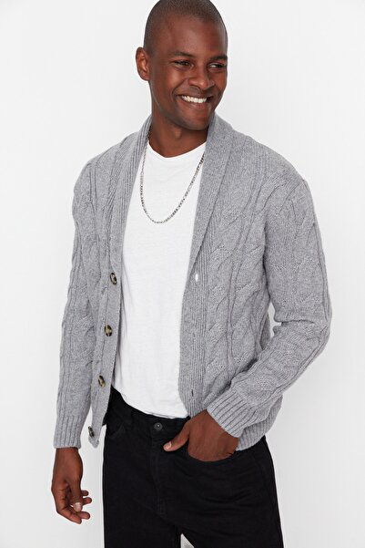 Trendyol Collection Grauer Slim-Fit-Strick-Cardigan aus Wolle mit Schalkragen TMNAW20HI0028