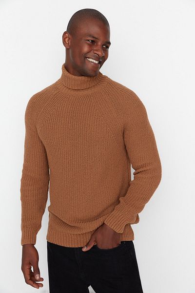 Trendyol Collection Kamelfarbener Slim-Fit-Basic-Strickpullover – Rollkragenpullover, Raglanärmel TMNAW21KZ0404