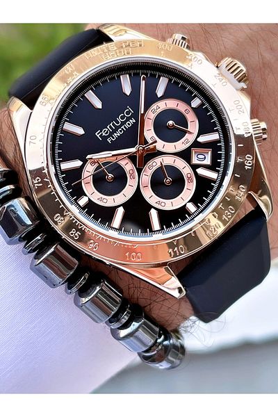 Ferrucci Black Rose Gold Color Silicone Band Functional Men's Watch + Bracelet