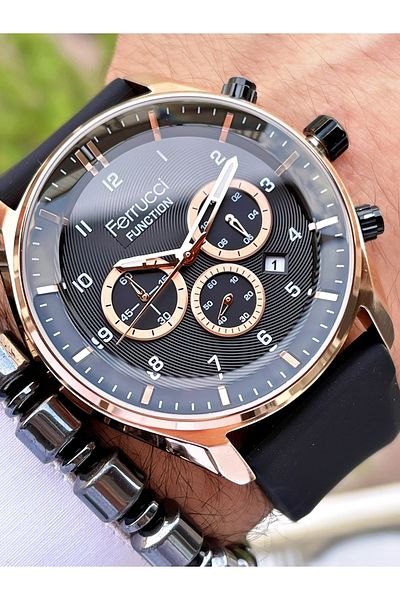 Ferrucci Black Silicone Band Functional Men's Wristwatch + Bracelet