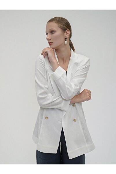 mezzofficial Beyaz Keten Kruvaze Blazer Ceket-mbkc20210009