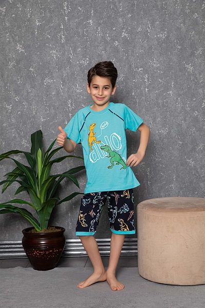 Tarık Boy's Dino Pajama Set with Shorts 100% Cotton