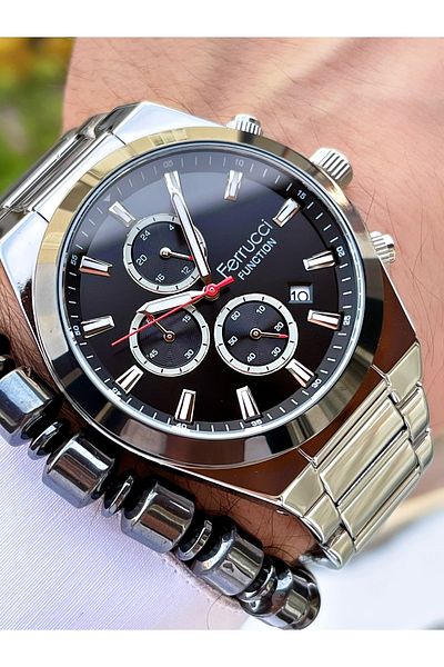 Ferrucci Silver Color Black Dial Functions Active Steel Strap Men's Wristwatch + Bracelet Gift