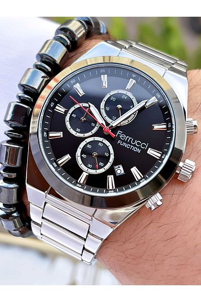 Ferrucci Silver Color Black Dial Functions Active Steel Strap Men's Wristwatch + Bracelet Gift