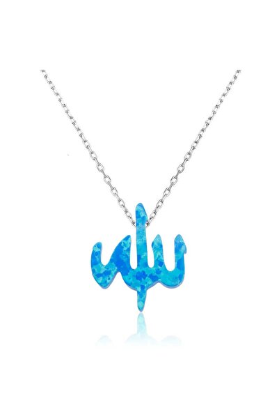Gumush Gümüş Mavi Opal Taşlı Allah Yazılı Bayan Kolye