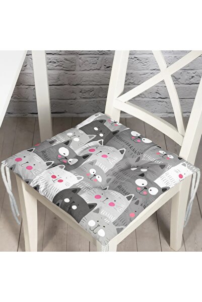Nish & Royal Sevimli Kedi Motifli Dijital Baskılı Özel Tasarım Modern Pofidik Sandalye Minderi
