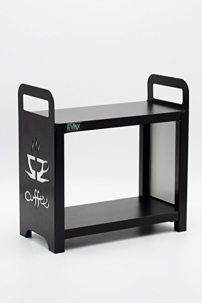 Evay Metal Kahve Köşesi Metal Ahşap 2 Katlı Mutfak Rafı Tezgah Üstü Düzenleyici Siyah / Siyah