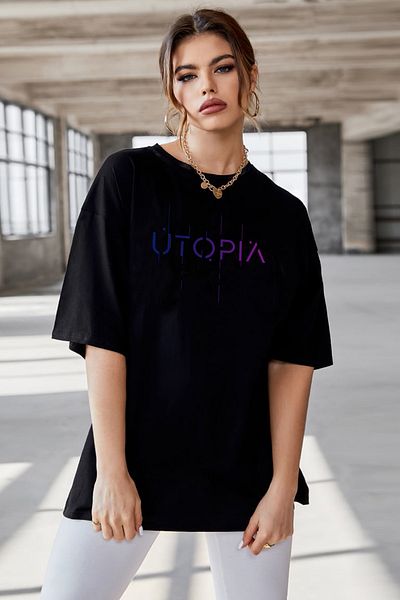 Pasage Μαύρο μπλουζάκι Azurco Oversize Utopia με στάμπα