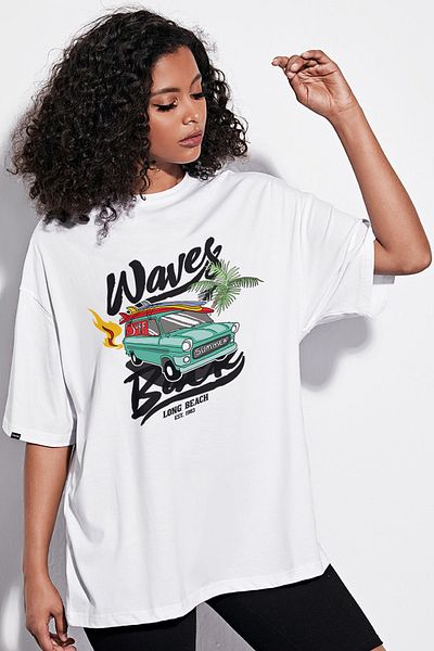 Pasage Λευκό μπλουζάκι με στάμπα Azurco Oversize Waves