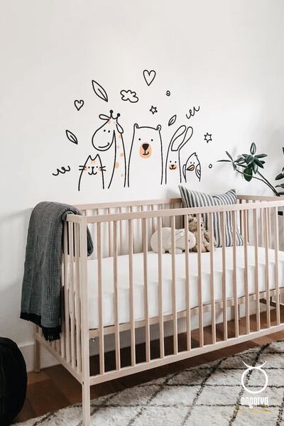 ANGARYA Modern Stil, Dekoratif Çizgisel Ve Renkli Sevimli Hayvanlar Çocuk Oda...