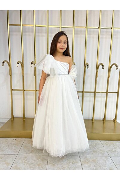 shopland Kız Çocuk Uzun Abiye Elbise Tek Kol Omuz Detaylı Kabarık Nedime Kına...