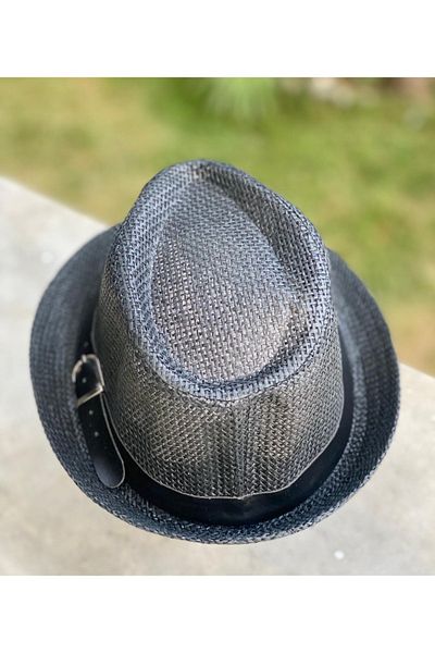 QUEEN AKSESUAR Boy's Straw Trilby Summer Hat - Leather Belt, Black, 4-9 Years