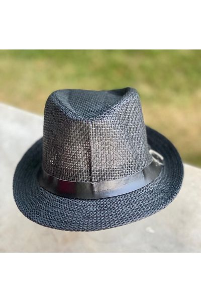QUEEN AKSESUAR Boy's Straw Trilby Summer Hat - Leather Belt, Black, 4-9 Years