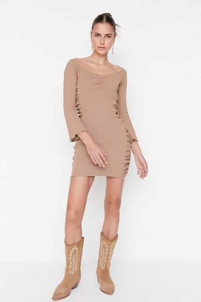 Trendyol Collection Mini pletené bodycon Camel Corded
