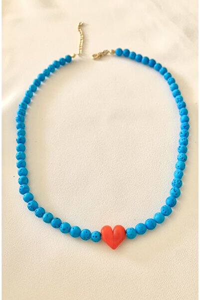 Atelier Çağla قلادة من حجر الحمم البركانية الأزرق مع خرز مورانو برتقالي