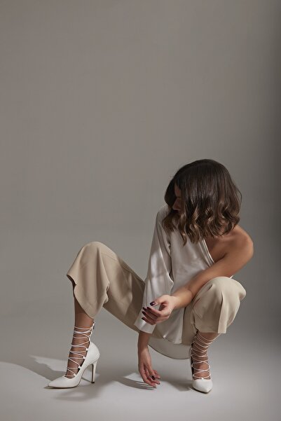 AYAKKABI PRENSİ Жіночі білі шнуровані туфлі на шпильках, матові туфлі на підборах