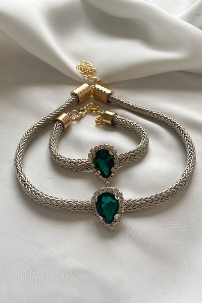 Liveyn Design Green Drop Crystal Necklace Bracelet Set
