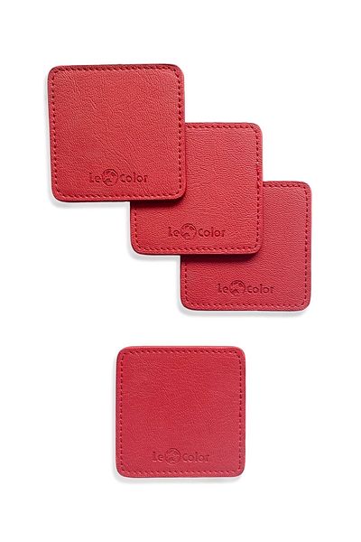 Le Color Leather Coaster Set of 4 Decorative Stitched Red
