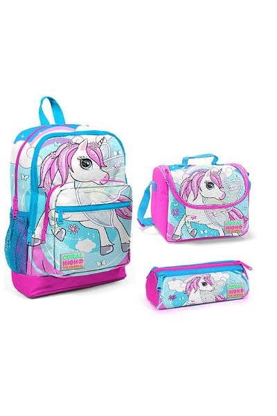 Coral High Kids Four Compartment Unicorn Turquoise 3-Piece School Bag Set