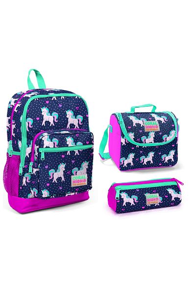 Coral High Set de genți de școală pentru copii, cu patru compartimente, albastru marin, cu unicorn