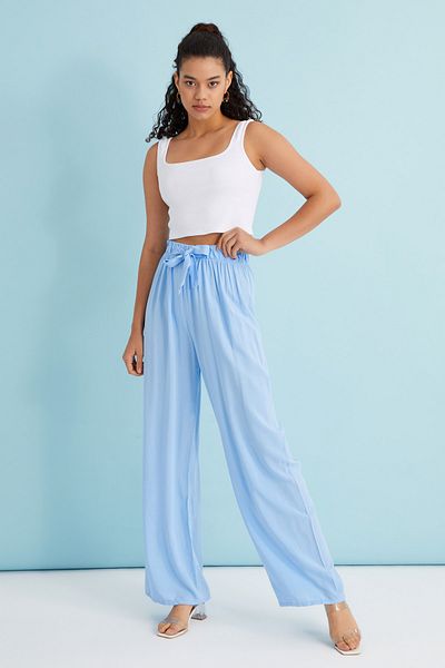 Bukamiss Women's Baby Blue Viscose Woven Trousers