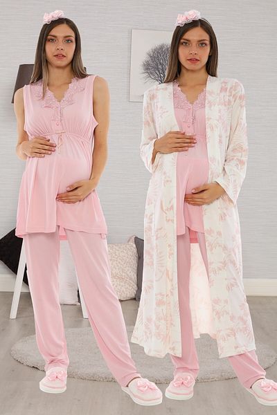 lohusahamile Powder Pink Pattern Maternity Pajamas Set with Dressing Gown