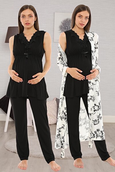 lohusahamile Pudra Pembe Desen Sabahlıklı Lohusa Hamile Pijama Takımı