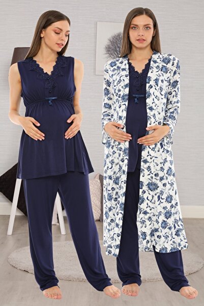 lohusahamile Pudra Pembe Desen Sabahlıklı Lohusa Hamile Pijama Takımı