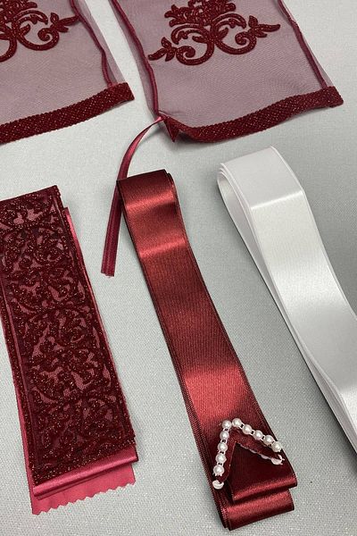 Hobigram مجموعة شال وشاح وشريط مجوهرات منقوش باللون الأحمر الداكن - إكسسوار للعروس، تصميم أنيق - Gelin Ak