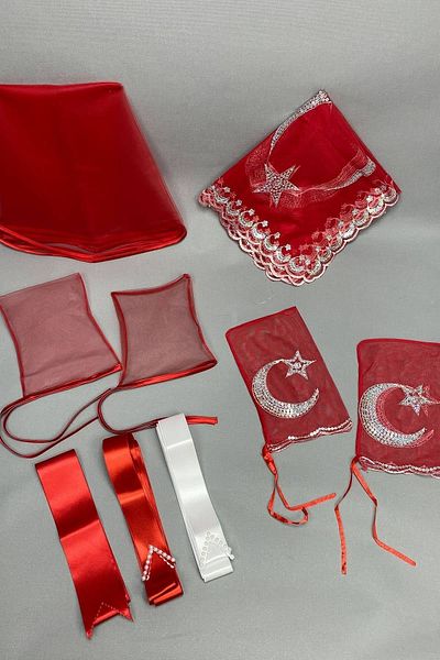 Hobigram مجموعة وشاح الزفاف باللون الأحمر وغطاء العريس على شكل نجمة القمر - إكسسوارات الزفاف
