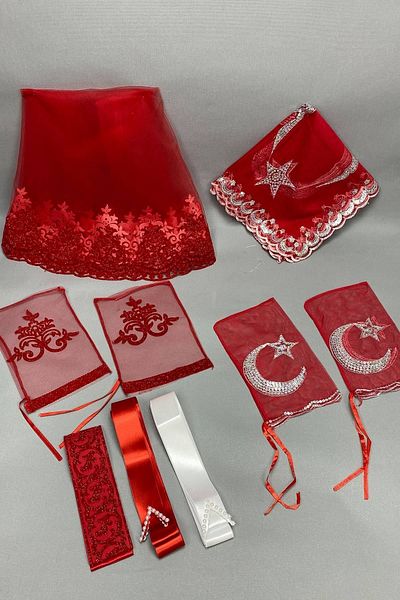 Hobigram مجموعة وشاح الزفاف باللون الأحمر اللامع وغطاء العريس على شكل نجمة القمر - إكسسوار الزفاف