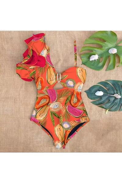 QUEEN AKSESUAR Costum de baie de recuperare fără bretele cu broșă din metal auriu de sezon nou cu model de fructe de avocado, mango