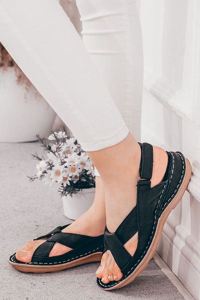 Adım Adım Black Cross Cut Genuine Leather Daily Women's Sandals