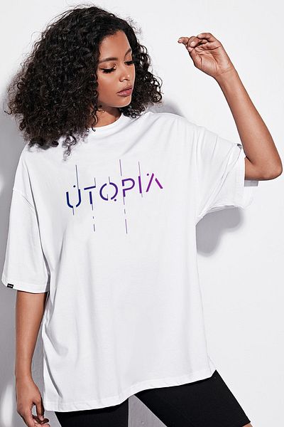 Pasage Λευκό μπλουζάκι Azurco Oversize Utopia με στάμπα