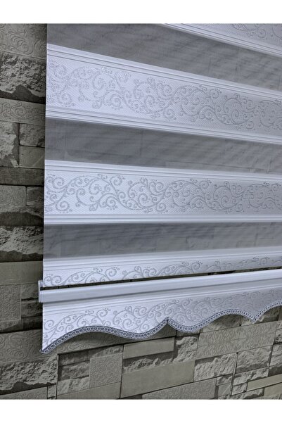 PERDECİNİZ Gümüş Simli Jakarlı Sarmaşık Desen Zebra Perde Alüminyum Kasa (etekli) enxboy