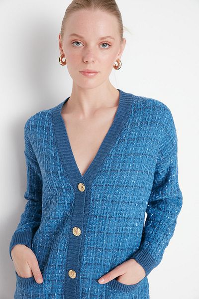 Trendyol Collection Indigo Wide Fit Tweed Look csillogó kötött kardigán TWOAW21HI0250