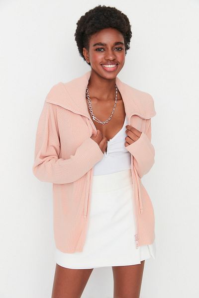 Trendyol Collection Puderfarbener Strickcardigan mit Reißverschlussdetail TWOAW23HI00189