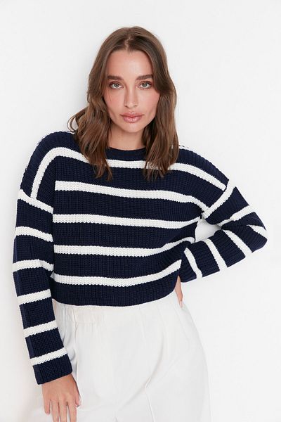 Trendyol Collection Pulover de tricotaj cu dungi de bază de culoare bleumarin TWOAW23KZ00390