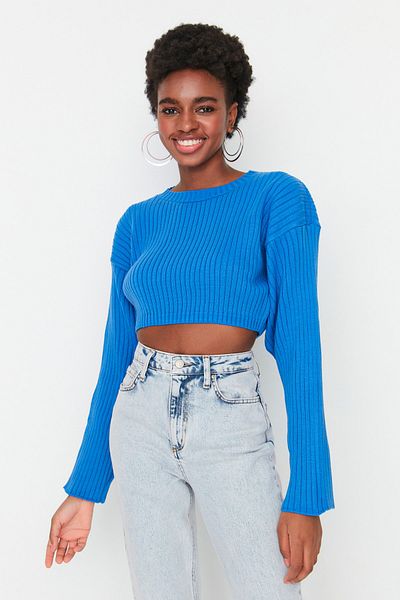 Trendyol Collection Blauer Super Crop Basic Strickpullover TWOAW23KZ01068