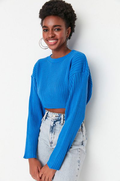 Trendyol Collection Blauer Super Crop Basic Strickpullover TWOAW23KZ01068