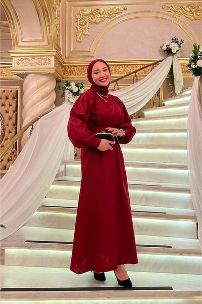 Ceylan Otantik Burgundy Jacquard Evening Dress