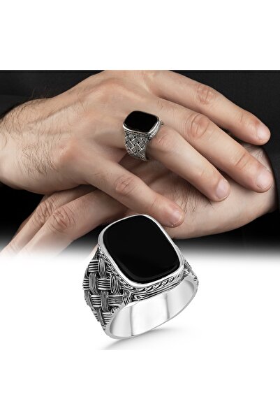 Argento Silver Siyah Oniks Taşlı 925 Ayar Gümüş Erkek Yüzük