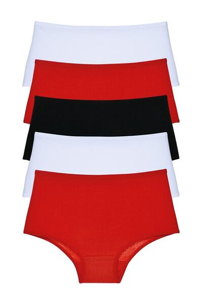 Imoda Kadın Siyah Beyaz Kırmızı 5li Paket Yüksek Bel Külot