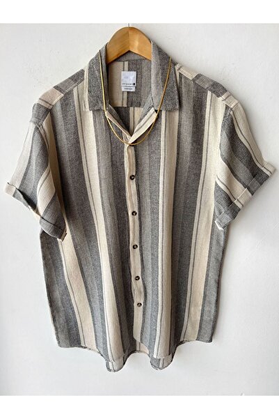 Hazhers Férfi Oversize csíkos 100% vászon ing galléros rövid ujjú ing