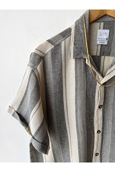 Hazhers Férfi Oversize csíkos 100% vászon ing galléros rövid ujjú ing