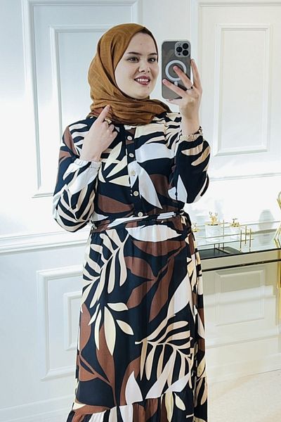 Aşkı Endam Φόρεμα Aleyna Cotton Viscose - Καφέ Μπεζ Γεωμετρικό