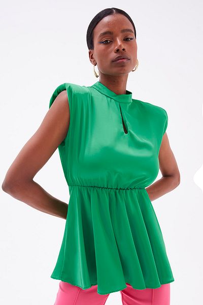 Sateen Satin Blouse with Flywheel Detail - Emerald