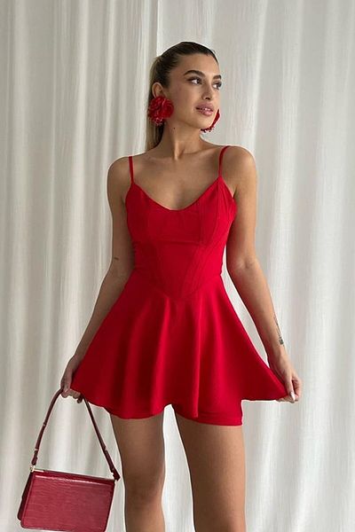 bayansepeti Aerobin Fabric Red Jumpsuit with Low-cut V-Neck Shorts 136
